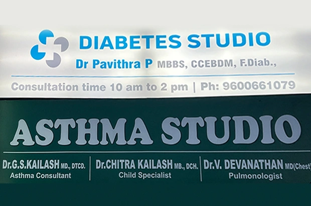 Asthma and Diabetes Studio signboard with doctor names.